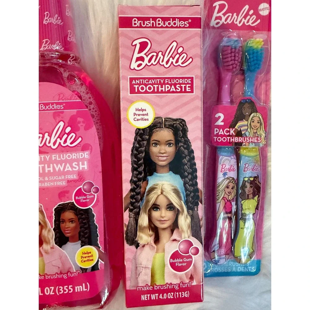 Barbie Brush Buddies Dental Set Mouthwash Toothpaste 2pk Toothbrushes Bubble Gum